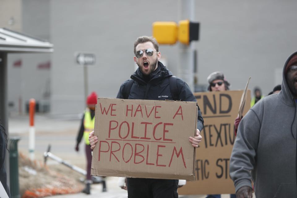 Protestors in support of Tyre Nichols gather in front of the Federal courthouse at 140 Adams street and march to the intersection of Poplar and Danny Thomas Blvd, near the Shelby County Jail on Feb. 4, 2023 in Memphis.