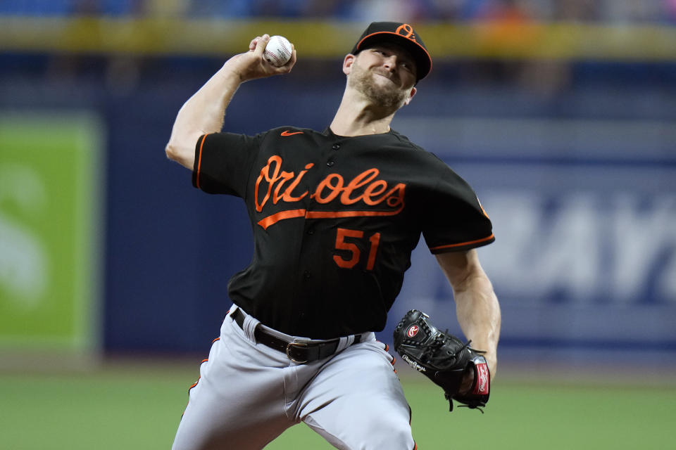 Baltimore Orioles starting pitcher Austin Voth delivers to the Tampa Bay Rays during the first inning of a baseball game Friday, Aug. 12, 2022, in St. Petersburg, Fla. (AP Photo/Chris O'Meara)