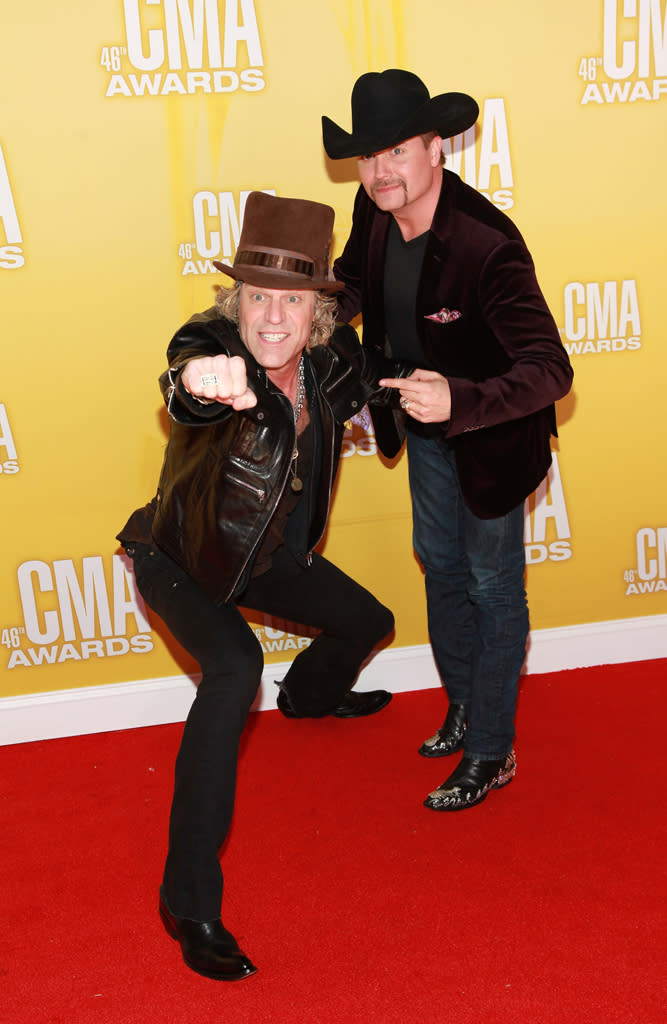  <p class="MsoNormal">As usual, Big & Rich hammed it up for the photographers on the red carpet. While Big Kenny (left) sported his infamous top hat and a leather jacket, John Rich made a statement in a velvet blazer and pair of snazzy boots. (11/1/2012)</p> 