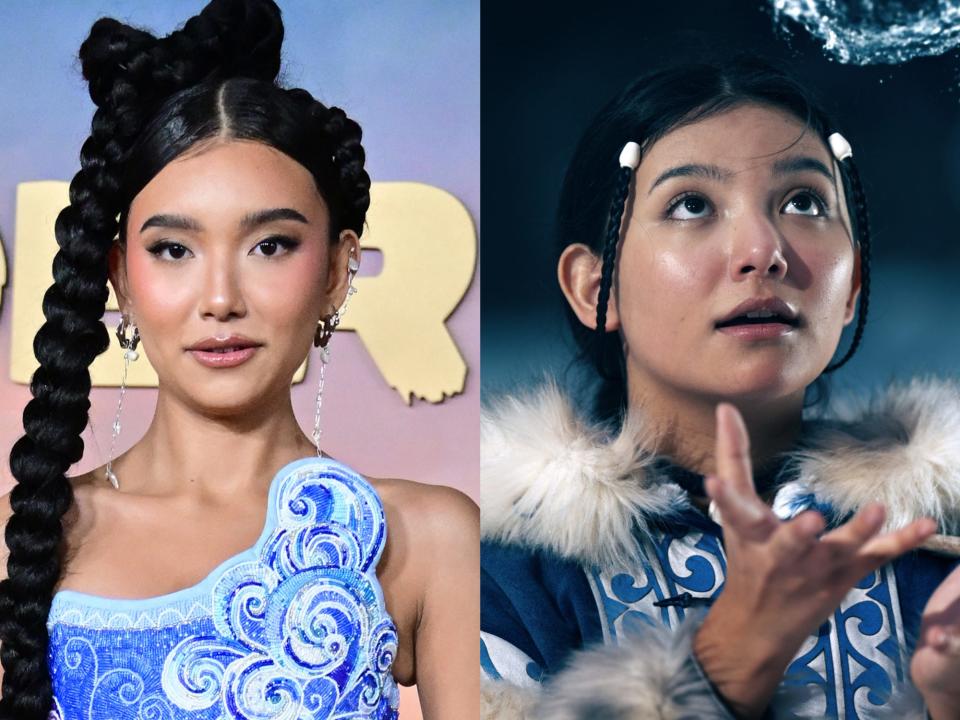 left: kiawentiio with her hair braided falling from her head, and an elaborate beaded blue dress with waves; right: kiawentiio as katara, holding a blob of water above her head and wearing blue warm clothing