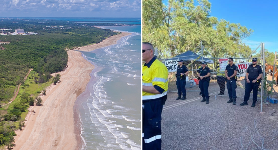 Left - an aerial view of Lee Point. Right - Police outside the gate at Lee Point with protest signs behind them.