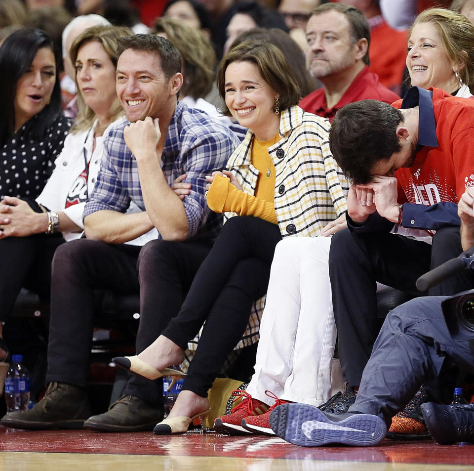 Emilia Clarke from Game of Thrones watches courtside during Game Six of the Western Conference Semifinals of the 2019 NBA Playoffs at Toyota Center on May 10, 2019 in Houston, Texas. (Photo by Bob Levey/Getty Images)