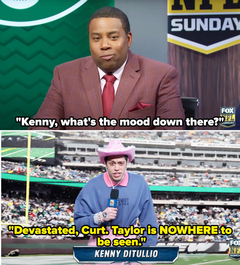 Kenan asking Pete what the mood is like at the podium, and Pete saying "Devastated, Curt; Taylor is NOWHERE to be seen"