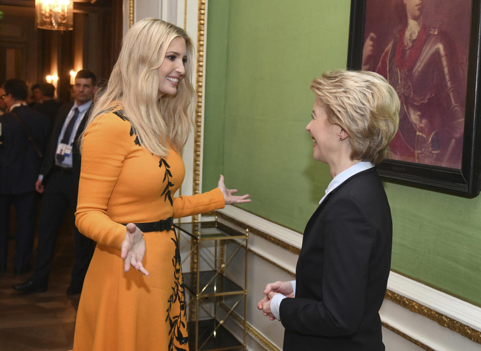 Ivanka Trump, left, daughter of the US President, is greeted by Ursula von der Leyen German Minister of Defense, on the first day of the 55th Munich Security Conference, in Munich, Germany, Friday Feb. 15, 2019. The annual Munich Security Conference hosts many heads of state and government ministers for the three day security policy meeting. (Tobias Hase / dpa via AP)