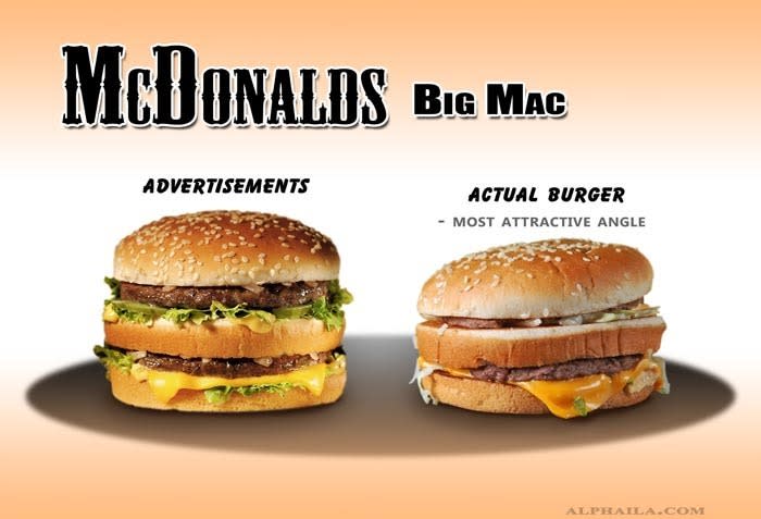 <strong><b>McDonald's Big Mac</b></strong><br> <br> The advertised burger vs. an actual McDonald's Big Mac burger.<br> <br> (Image via <a href="http://www.alphaila.com/articles/failure/fast-food-false-advertising-vs-reality/" rel="nofollow noopener" target="_blank" data-ylk="slk:Dario D;elm:context_link;itc:0;sec:content-canvas" class="link ">Dario D</a>.)