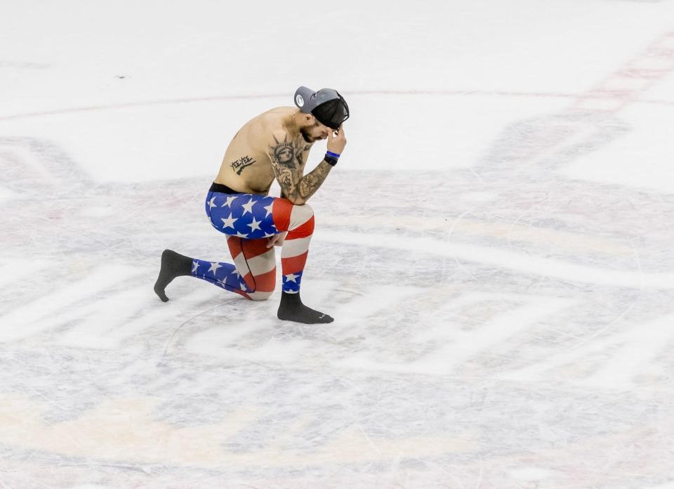 Peoria Rivermen defenseman Zach Wilkie came back onto the Carver Arena ice long after the SPHL championship game was over and kneeled on the team's logo in prayer Sunday, April 28, 2024.