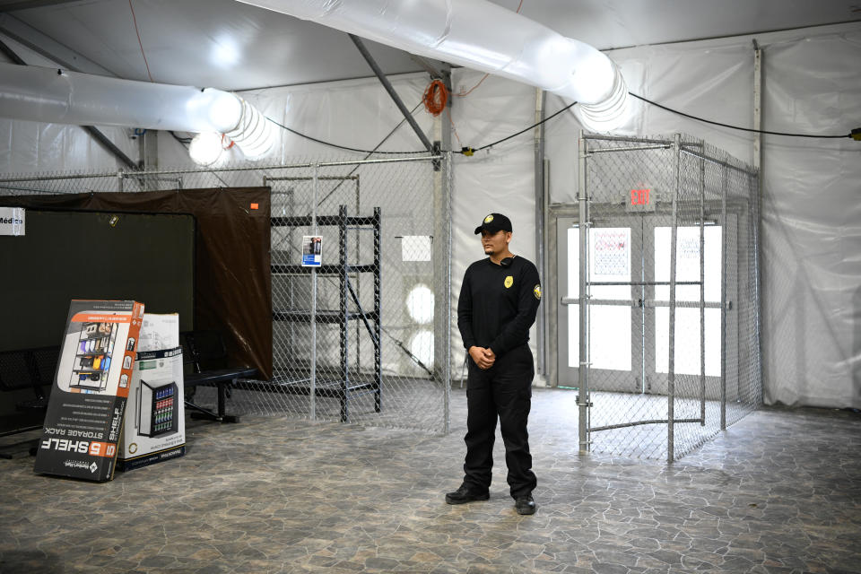 A security guard stands at an entrance during a tour of U.S. Customs and Border Protection (CBP) temporary facilities in Donna, Texas, U.S. May 2, 2019.  (Photo: Loren Elliott/Reuters)