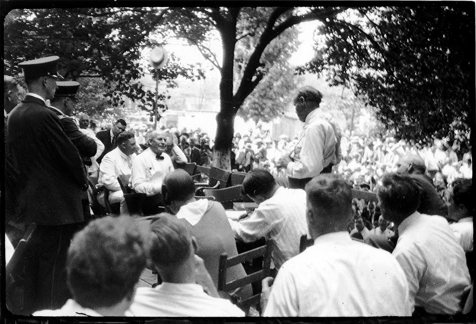 Outdoor scene from the Scopes Trial in Dayton, Tennessee. Because of the concern for the courthouse floor being strong enough to hold the crowd, the trial was moved outside.