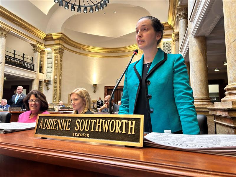 State Sen. Adrienne Southworth, R-Lawrenceburg, speaks in favor of Senate Bill 80, which would remove student IDs as a primary voter identification document. Jan. 30, 2024