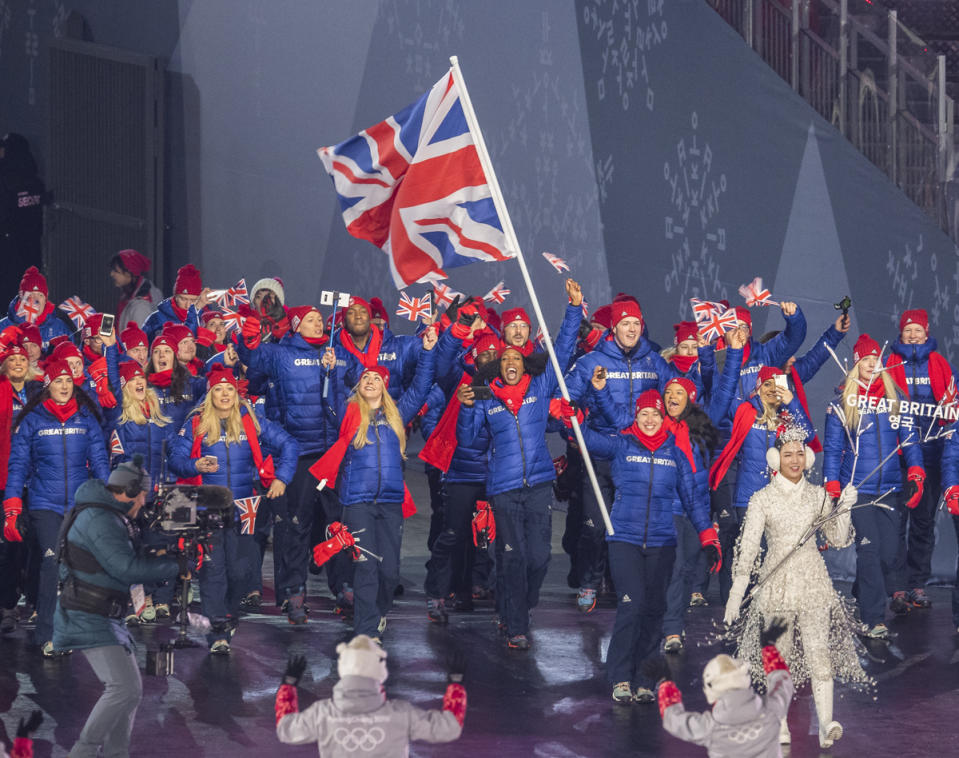 Lizzy Yarnold leads the TeamGB athletes at the Opening Ceremony of the Winter Olympics