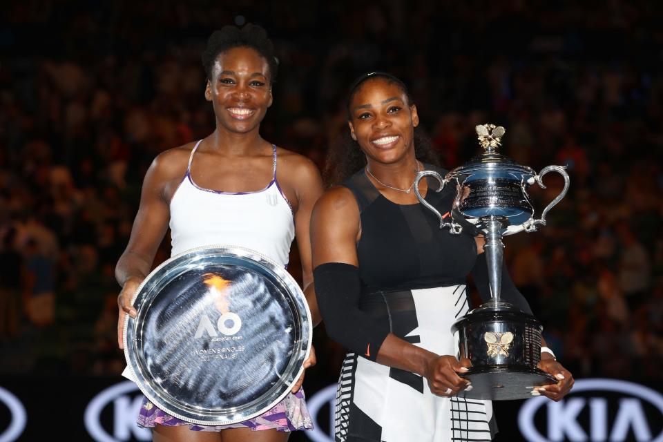 <p>Serena and Venus are all smiles with their trophies </p>