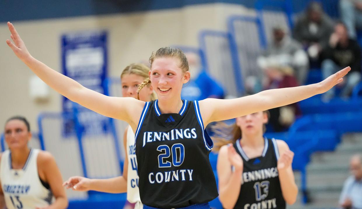 Jennings County Panthers Alivia Elmore (20) celebrates defeating Franklin Community Grizzly Cubs on Thursday, Jan. 25, 2024, in the final seconds of the game at Franklin Community High School in Indianapolis. The Jennings County Panthers defeated the Franklin Community Grizzly Cubs, 51-44.