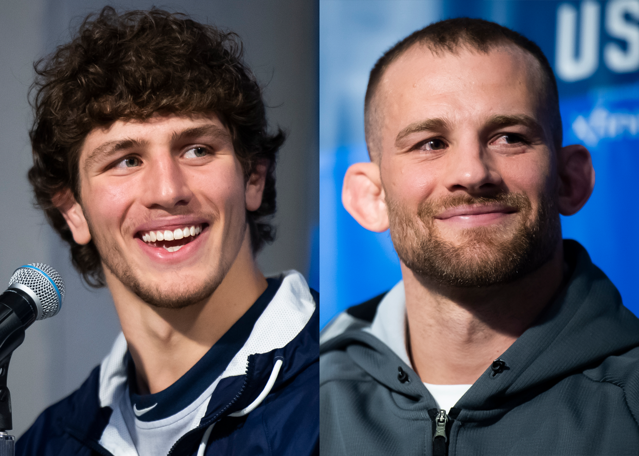 Levi Haines (left) smiles as he talks about his friend and mentor David Taylor (right) during the U.S. Olympic Team Trials Wrestling Pre-Event Press Conference at the Bryce Jordan Center April 18, 2024, in State College. Haines, a sophomore at Penn State, was just an eighth grader when he first met Taylor.