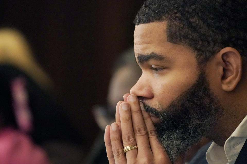 Jackson Mayor Chokwe Antar Lumumba watches as lawmakers debate House Bill 1020, that would create a separate court system in the Capitol Complex Improvement District, Tuesday, Feb. 7, 2023 at the Mississippi Capitol in Jackson. (AP Photo/Rogelio V. Solis)