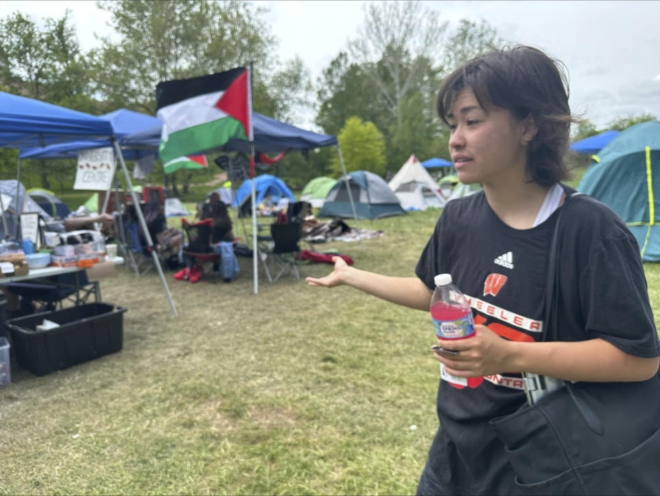 Jessica Missey, 20, speaks about the pro-Palestinian protest encampment she has helped organize at Indiana University Bloomington, Wednesday, May 1, 2024, in Bloomington, In. The protests at IU have been ongoing since last Thursday, April 25. (AP Photo/Isabella Volmert)