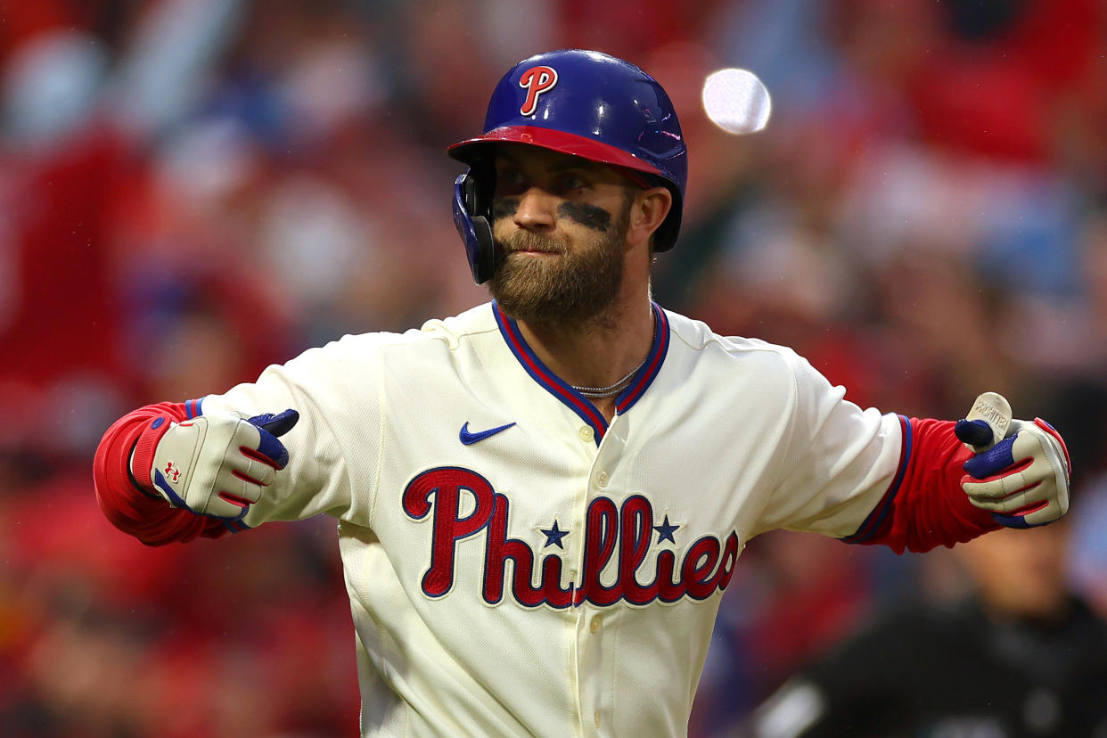 Philadelphia Phillies star Bryce Harper is enjoying a fantastic postseason, and it's a big reason why the Phillies are headed to the World Series. (Photo by Mike Ehrmann/Getty Images)