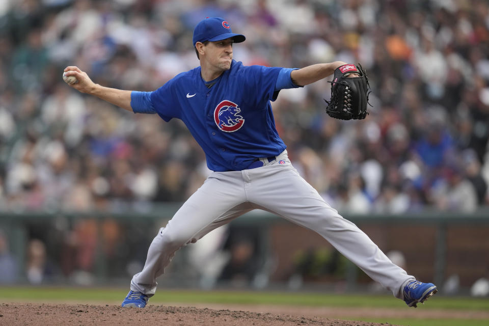 Chicago Cubs pitcher Kyle Hendricks works against the San Francisco Giants during the sixth inning of a baseball game in San Francisco, Saturday, June 10, 2023. (AP Photo/Jeff Chiu)