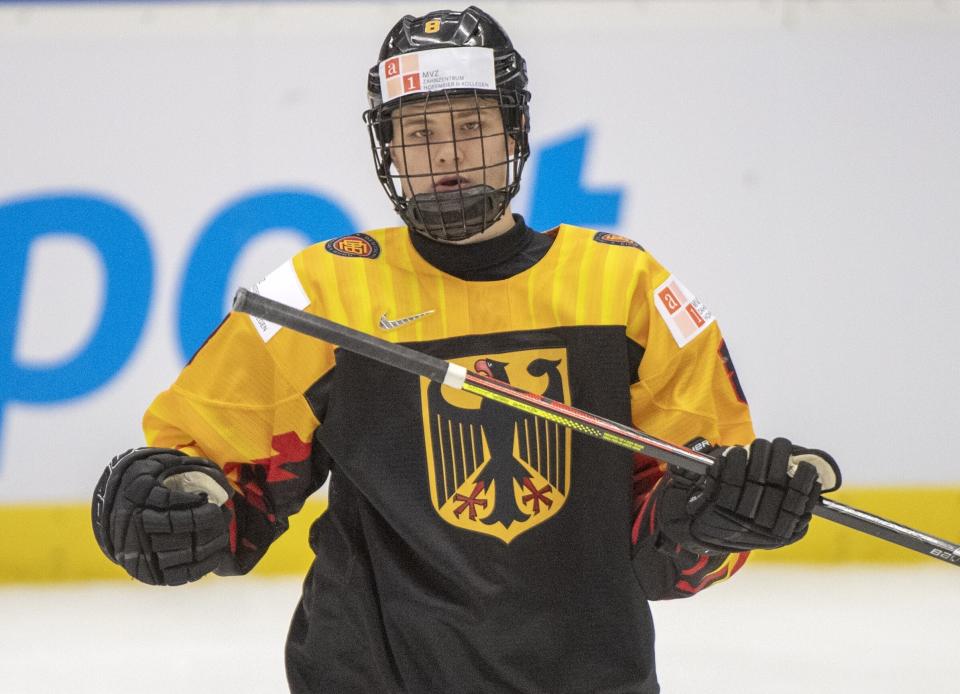 Germany's Tim Stutzle skates during first period action against Canada at the World Junior Hockey Championships in Ostrava, Czech Republic, Monday, Dec. 30, 2019. Stutzle is a top prospect in the upcoming NHL Draft. (Ryan Remiorz/The Canadian Press via AP)