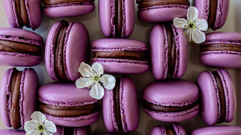 purple macarons with flowers