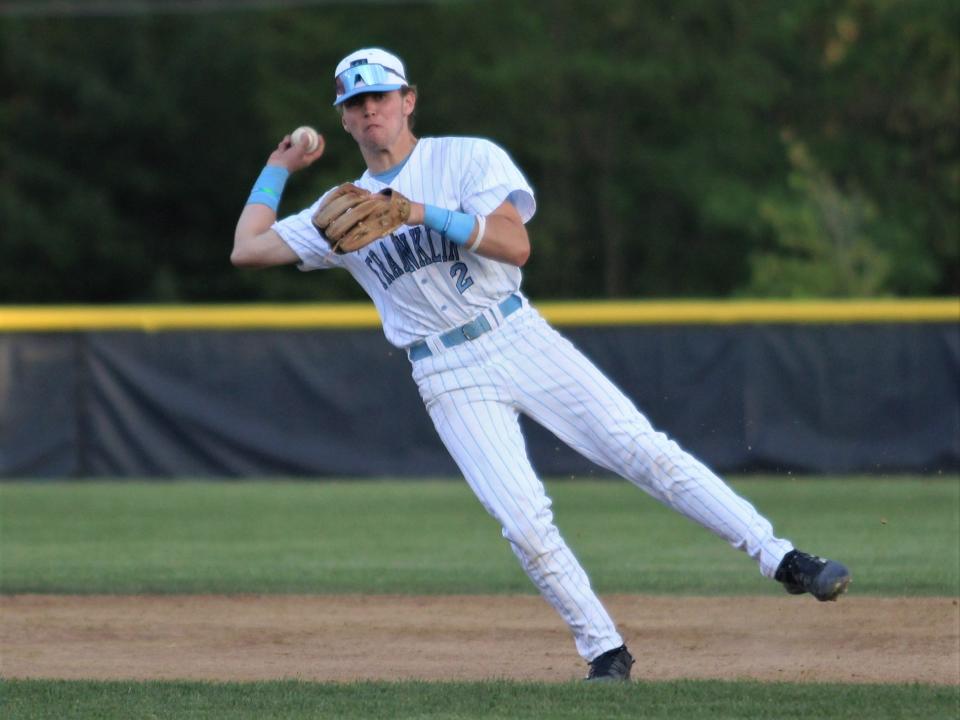 Franklin's Henry Digiorgio throws to first during a Hockomock League game against Taunton.