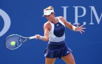 Sep 3, 2015; New York, NY, USA; Garbine Muguruza of Spain returns a shot to Johanna Konta of Great Britain on day four of the 2015 U.S. Open tennis tournament at USTA Billie Jean King National Tennis Center. Mandatory Credit: Jerry Lai-USA TODAY Sports