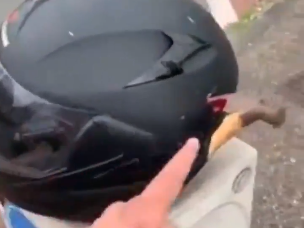 Police are looking for two suspects after a man was reportedly subjected to a “shocking” hammer attack before his scooter was hijacked by thieves. In mobile phone footage recorded shortly after the incident in west London on Friday morning, the apparent victim is seen standing next to a black helmet, which has a hole punched in the side with a hammer broken off at the handle sticking out of it.The man recording the scene – who apparently witnessed the incident – says the victim, who was unharmed, was “hammered” in a “fresh hijacking” near the Hayes by-pass in Hillingdon. “We chased him, and I smashed my car onto the guy’s bike. So we’ve got his bike,” the driver says. The video shows a black and white scooter lying in the road next to a black Mercedes. The footage was posted on Twitter by @MotorcycleTheft, an account dedicated to helping retrieve stolen bikes and scooters. > OMG Hayes by-pass > > Shocking video of a high jacking where a thief smashes the victim’s head with a hammer getting it stuck in his helmet. > A driver passing by helped the victim chasing the thief stopping him by “tactical contact “ > That helmet whatever the quality saved his life! pic.twitter.com/wYbIFq1CuQ> > — Ray phill (@MotorcycleTheft) > > May 18, 2019“Shocking video of a high jacking where a thief smashes the victim’s head with a hammer getting it stuck in his helmet,” the account tweeted.“A driver passing by helped the victim chasing the thief stopping him by ‘tactical contact’.” The Metropolitan Police said a male suspect, who had initially driven away alongside another man on a second moped, fell off his scooter while being chased by a member of the public before fleeing on the back of his assailant’s vehicle. The second moped was subsequently recovered and was also found to be stolen, officers said.There have been no arrests. Any witnesses or anyone with any information about the robbery is asked to contact police on 101, quoting CAD 2885/17May or call Crimestoppers anonymously on 0800 555 111.