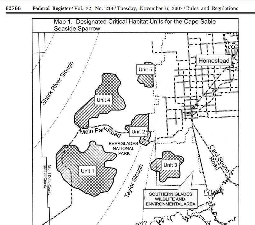 This map from the Federal Register shows the last five subpopulations of nesting Cape Sable Seaside Sparrows as of 2007.