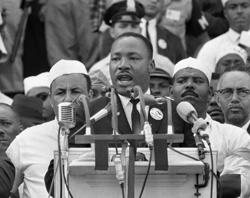 In this Aug. 28, 1963, file photo, Dr. Martin Luther King Jr. addresses marchers during his “I Have a Dream” speech at the Lincoln Memorial in Washington. (AP Photo, File)