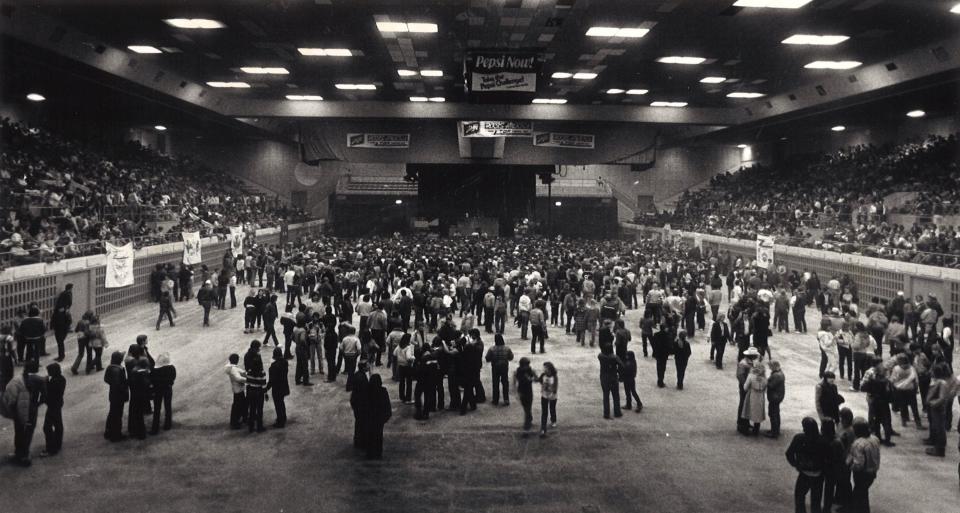 The crowd gathers at the Taylor County Coliseum for the January 1984 show by ZZ Top. This was the era of "festival seating," meaning fans on the floor stood.