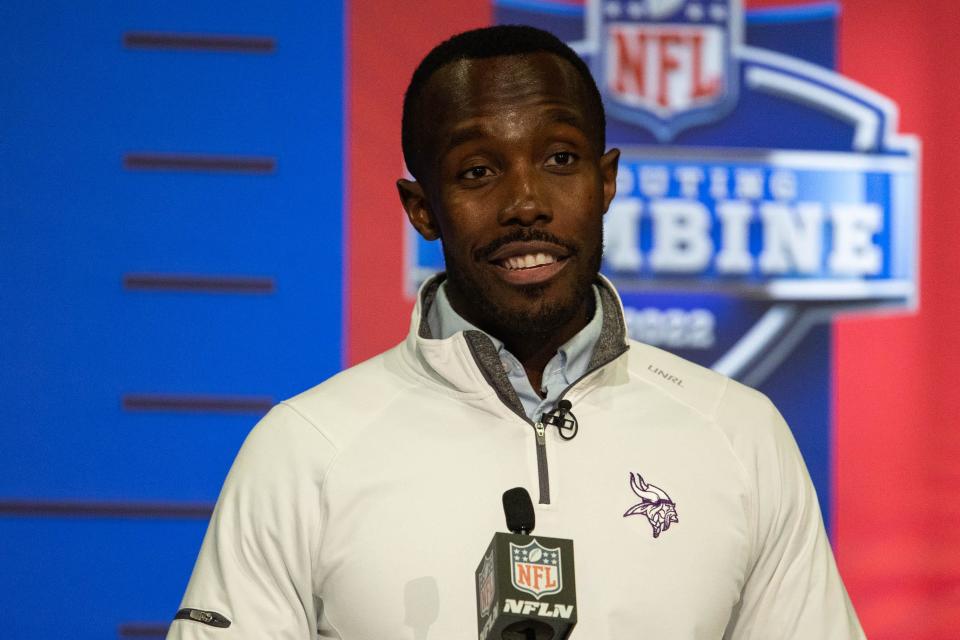 Minnesota Vikings general manager Kwesi Adofo-Mensah talks to the media during the 2022 NFL Combine.