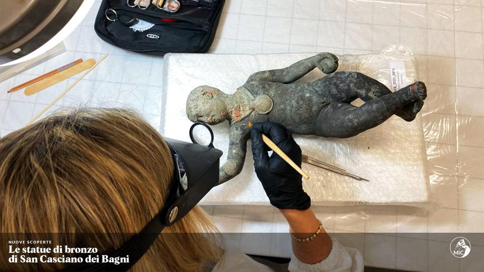 A newly discovered 2,300-year-old bronze statue is pictured.  Archaeologists in Italy uncovered more than two dozen bronze statues dating back to ancient Roman times in thermal baths in Tuscany.