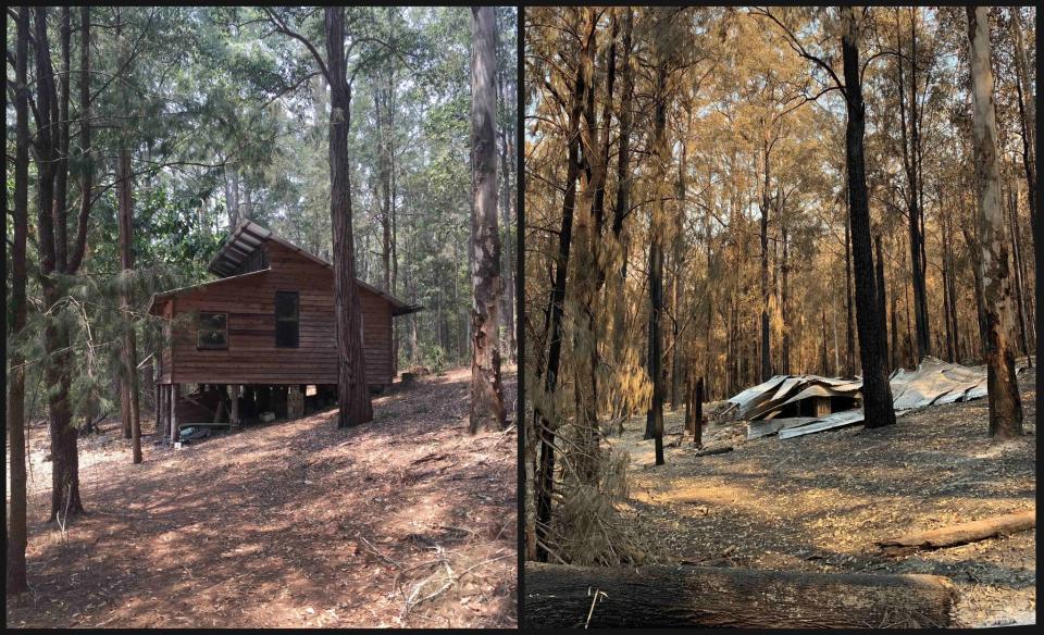 Side by side of (left) Russel Crowe's property before bushfire damage, and (right) property after bushfire damage