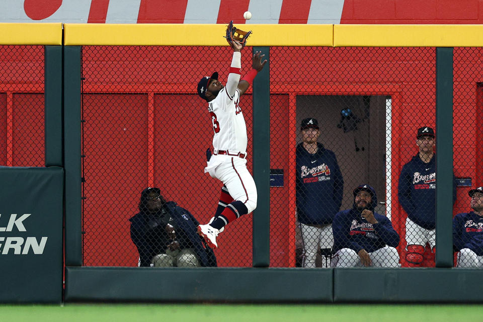 Michael Harris II with a catch at the wall that Braves fans won’t soon forget. (Elsa/Getty Images)