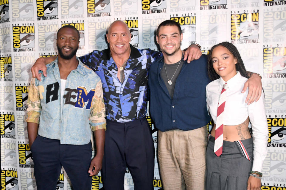 Aldis Hodge, Dwayne Johnson, Noah Centineo, and Quintessa Swindell attend the Warner Bros. "Black Adam" press line