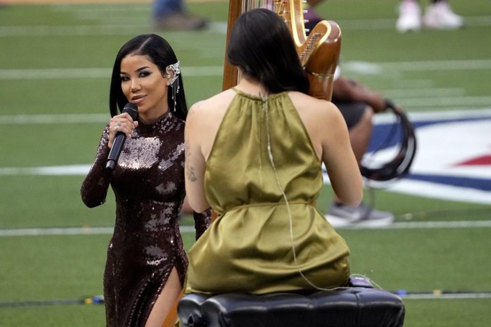 Jhené Aiko rehearses before singing “America the Beautiful” before the2022 Super Bowl in Inglewood, California on Feb. 13, 2022. - Credit: AP