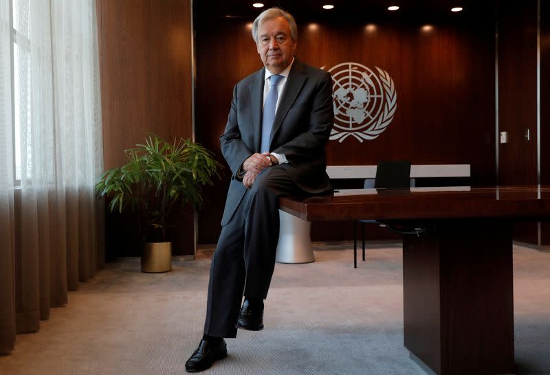 FILE PHOTO: United Nations Secretary-General Antonio Guterres during interview with Reuters at U.N. headquarters in New York