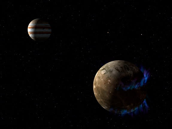 In this artist’s conceptual illustration, the moon Ganymede orbits giant planet Jupiter. NASA’s Hubble Space Telescope detected auroras on the moon controlled by Ganymede's magnetic fields. Image released March 12, 2015.