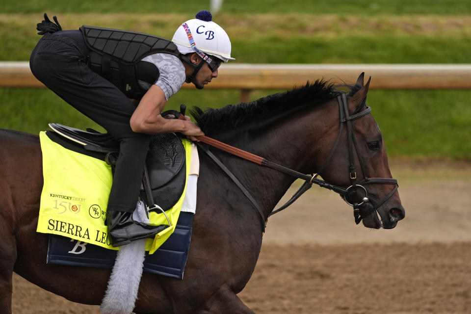 Kentucky Derby hopeful Sierra Leone works out at Churchill Downs Tuesday, April 30, 2024, in Louisville, Ky. The 150th running of the Kentucky Derby is scheduled for Saturday, May 4. (AP Photo/Charlie Riedel)