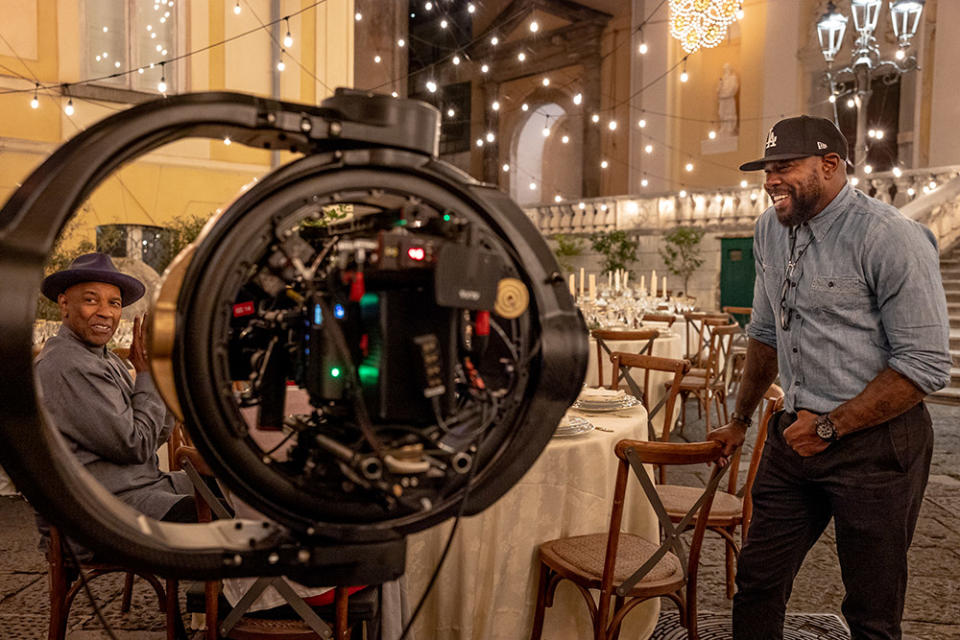 Denzel Washington and Director Antoine Fuqua between takes while filming in the Amalfi Coast on the set of Columbia Pictures THE EQUALIZER 3.