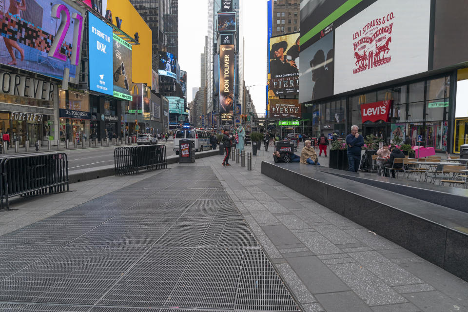 NEW YORK, UNITED STATES - 2020/03/18: Times Square is sparsely populated due to ongoing coronavirus cases and fears. (Photo by Lev Radin/Pacific Press/LightRocket via Getty Images)