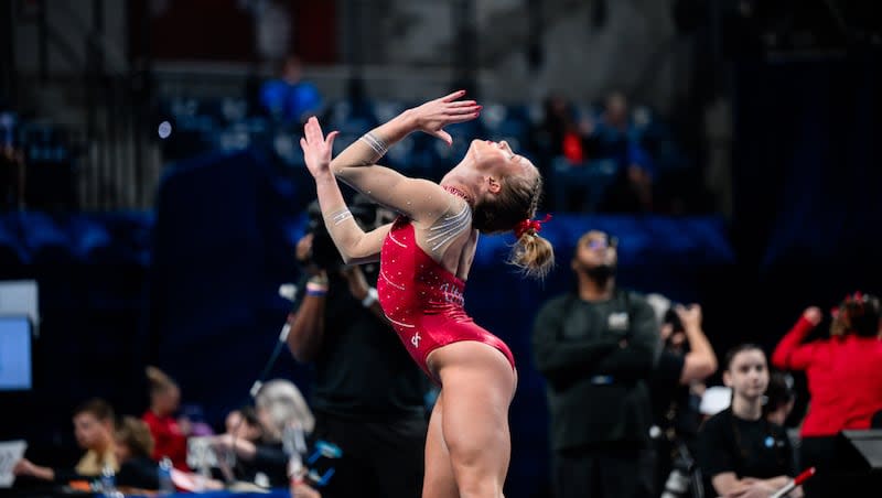 University of Utah gymnast Abby Paulson competes on floor exercise during a NCAA regional semifinals in Gainesville, Florida on Friday, April 5, 2024. Utah won the meet with a 197.825.