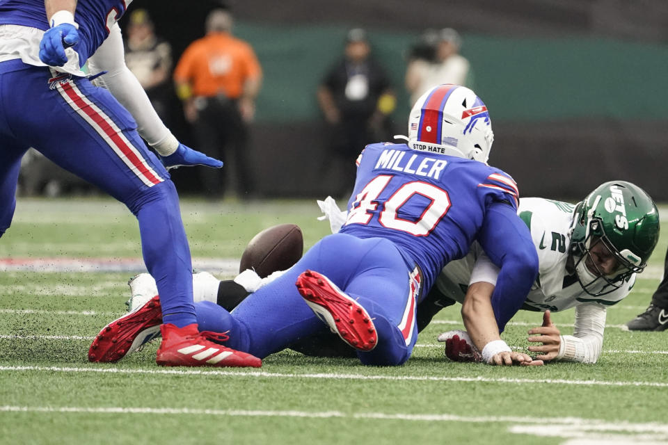 Buffalo Bills' Von Miller (40) forces New York Jets quarterback Zach Wilson (2) to fumble during the second half of an NFL football game, Sunday, Nov. 6, 2022, in East Rutherford, N.J. (AP Photo/John Minchillo)