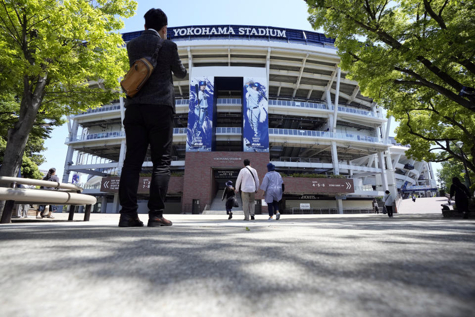 Yokohama Stadium, home ground of the Yokohama BayStars is seen on Tuesday, May 2, 2023, in Yokohama near Tokyo. Bauer will pitch his first official game for the Yokohama DeNA BayStars on Wednesday and, to promote the start, a local department store is to unveil a seven-story poster of the former Cy Young winner on the building's facade. (AP Photo/Eugene Hoshiko)