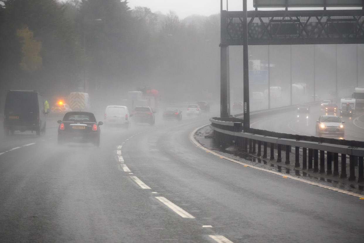 London, UK - April 9, 2018 - Driving on a motorway in a bad weather