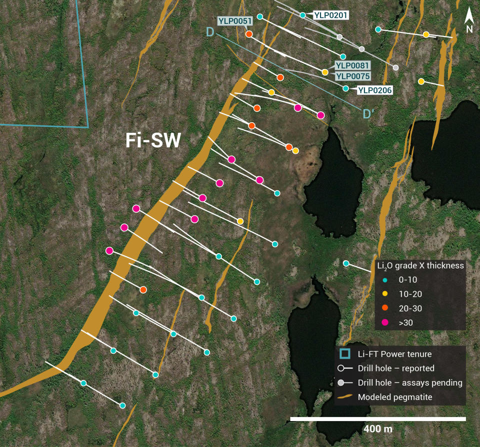 Plan view showing the surface expression of the Fi Southwest pegmatite with diamond drill holes reported in this press release.