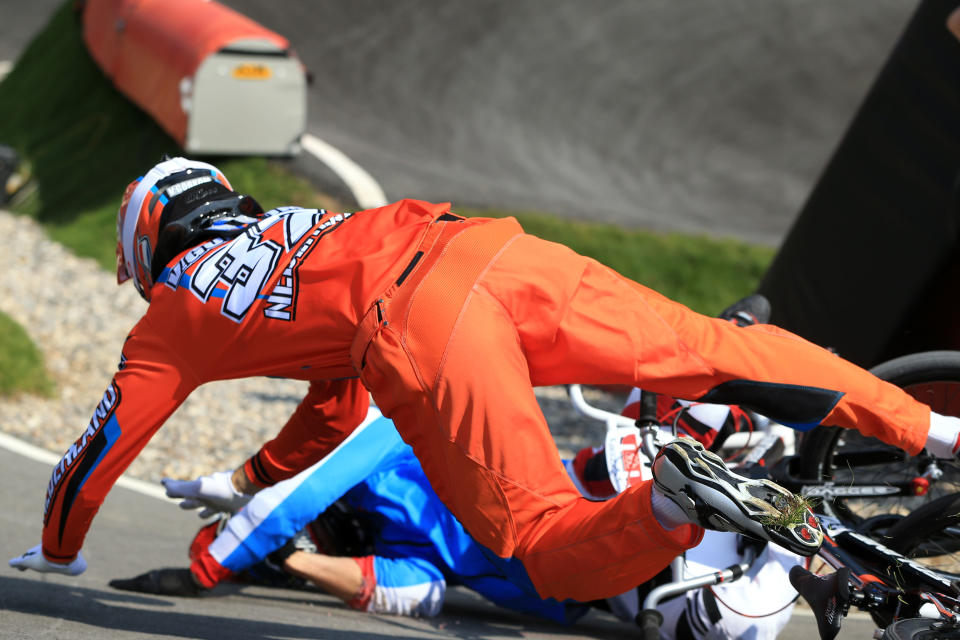 Jelle Van Gorkom of Netherlands crashes during the Men's BMX Cycling Quarter Finals on Day 13 of the London 2012 Olympic Games at BMX Track on August 9, 2012 in London, England. (Getty Images)