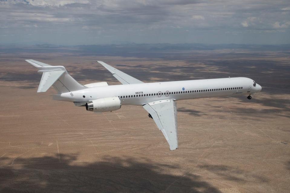 Boeing’s MD-90 aircraft flies from Victorville to Palmdale on August 15, 2023. The aircraft will be NASA’s future Sustainable Flight Demonstrator. Modifications to the aircraft will include changes to the fuselage and most notably the use of a transonic truss-braced wing.