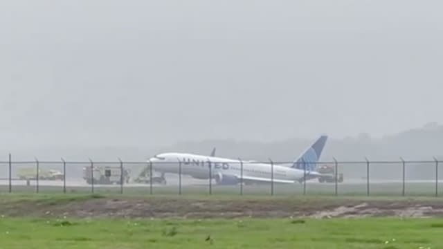 United flight rolls off runway in Houston after landing.