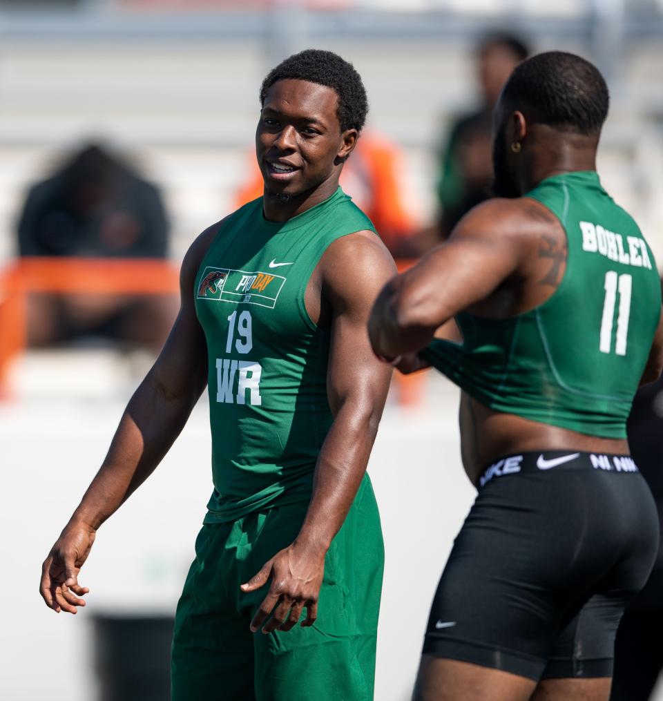 Florida A&M football players showcase their talents in a series of drills for NFL scouts during Pro Day on Thursday, March 30, 2023. 