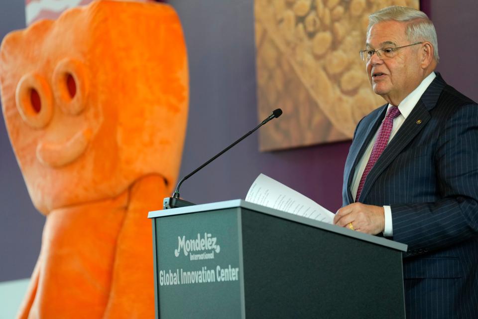 U.S. Senator, Bob Menendez, speaks at Mondelēz International, in Whippany. Monday, May 1, 2023 